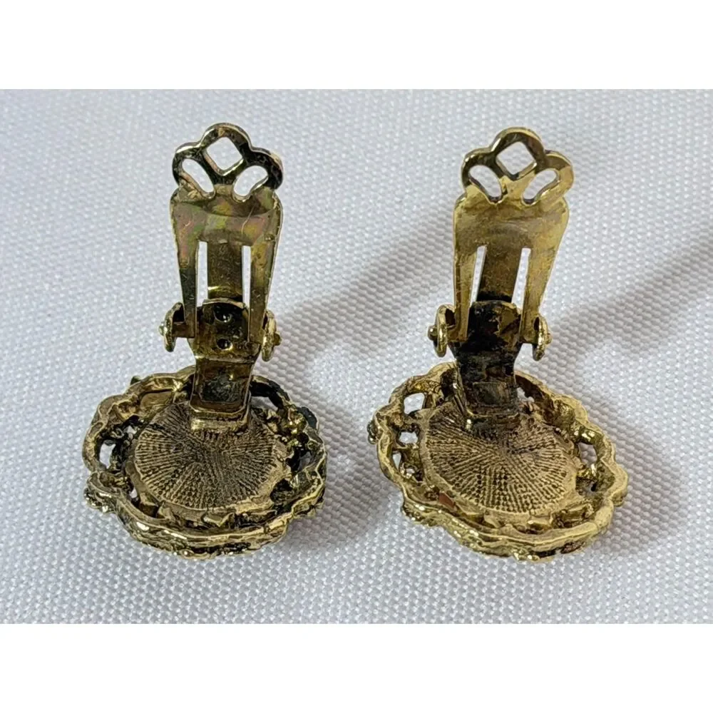 VTG Cameo Pink Resin Gold Tone Filigree Clip on Earrings Pin Brooch Victorian